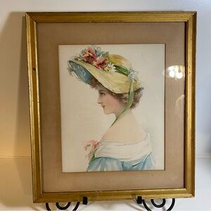 Antique 1907 Edwardian Lady In Blue Floral Hat Gold Frame Chromolithograph